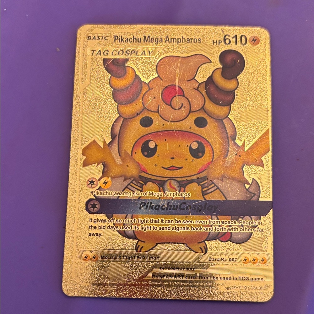 Pokemon Pikachu Mega Ampharos Trading Card - Gold and Purple